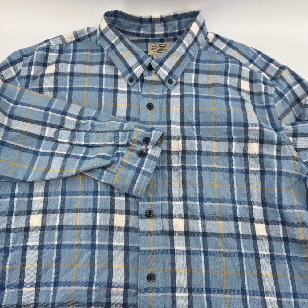 LLBean Flannel Shirt Mens XL Reg Traditional Fit Plaid Long Sleeve Cotton Blue